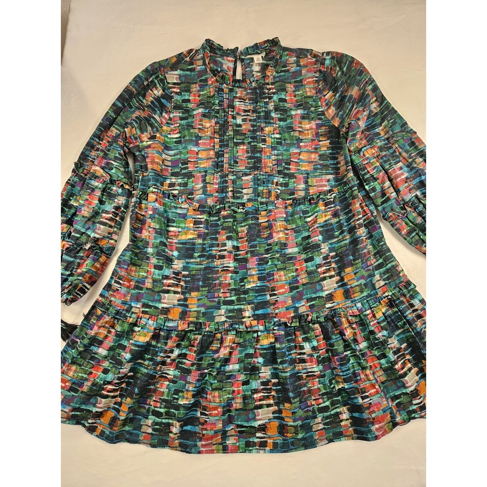 Allison New York Multi Color Abstract Print Tiered Cotton Mini Dress Medium